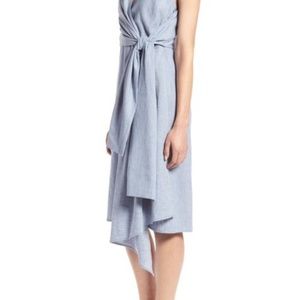 NWT Halogen blue tie front linen blend dress L
